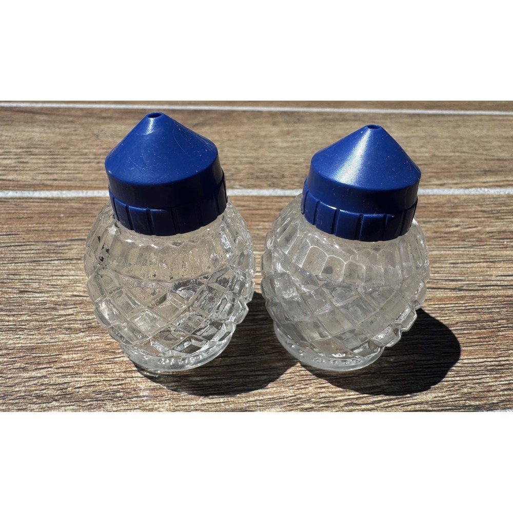 Vintage Diamond Cut Glass Salt and Pepper Shakers Blue Lids Made in USA Retro